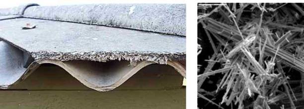 Azbestna ploca u prerezu i  Azbestna vlakna uvecana 600x 